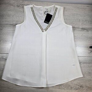 NWT Adrienne Vittadini Women's Blouse White Sleeveless Rhinestone V Neck Sz S